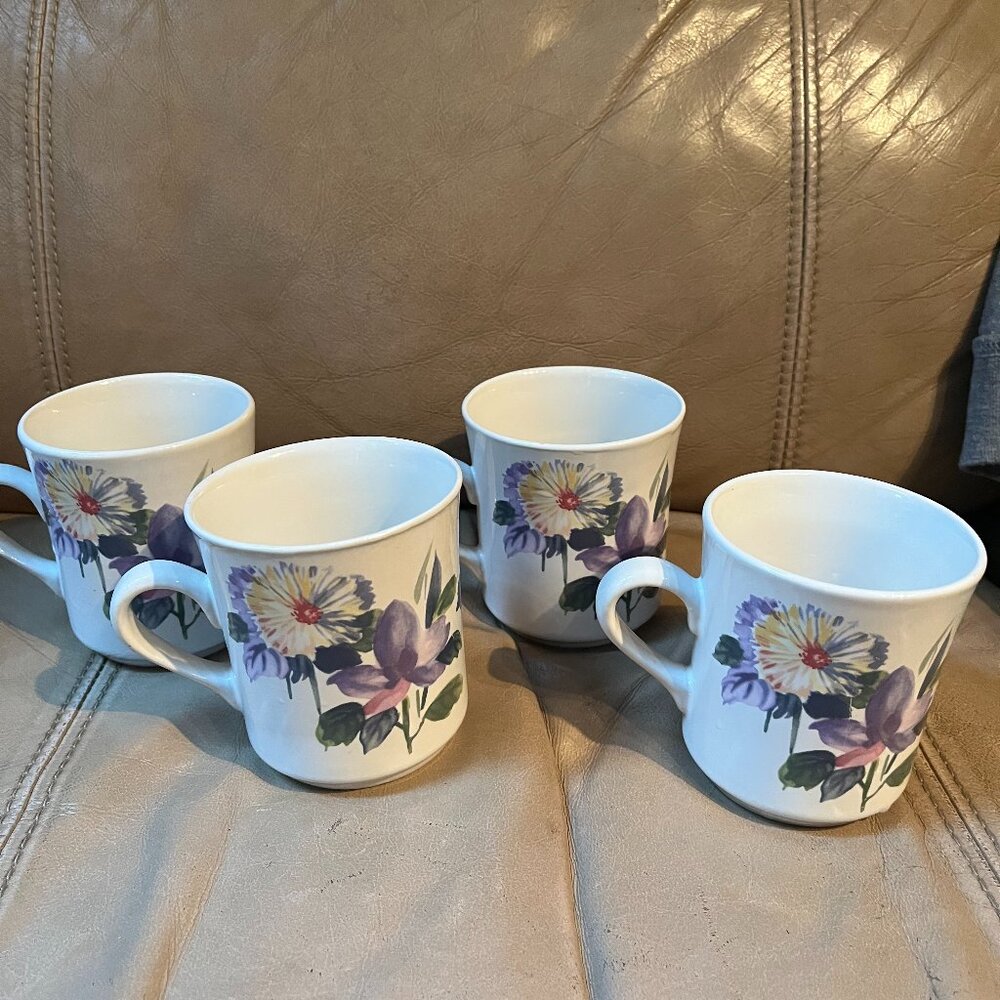 (4) China Pearl Stoneware Flora Collection(Flowers) Coffee/Tea Mugs/Cups (3.5”H)